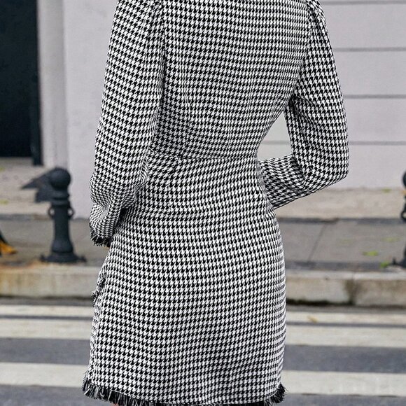 Black and White Elegant Womens Houndstooth Print Raw Trim Dress - Picture 2 of 4